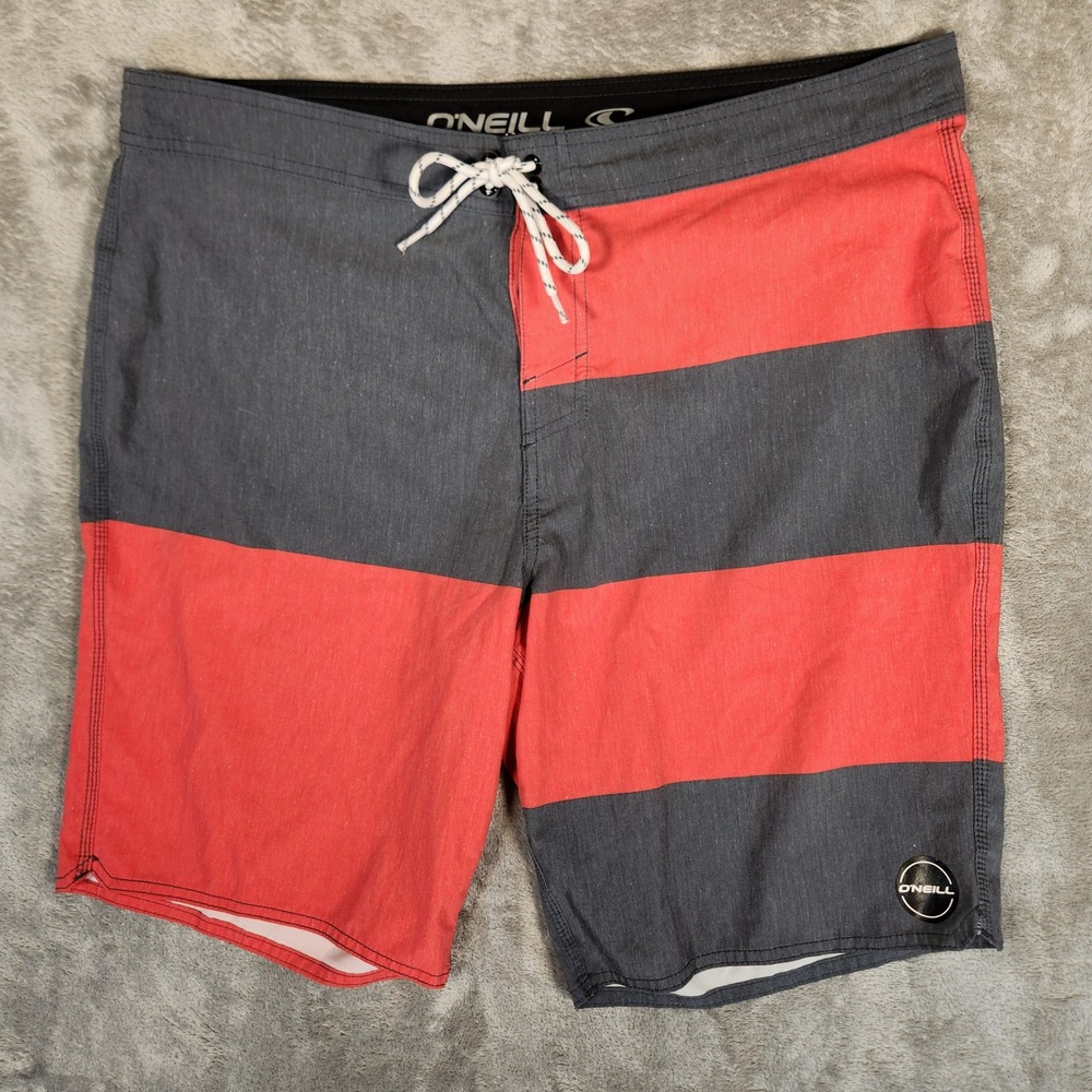O'Neill Board Shorts Mens 38 Red Gray Excellent Striped‎ Colorblock Swim Trunks